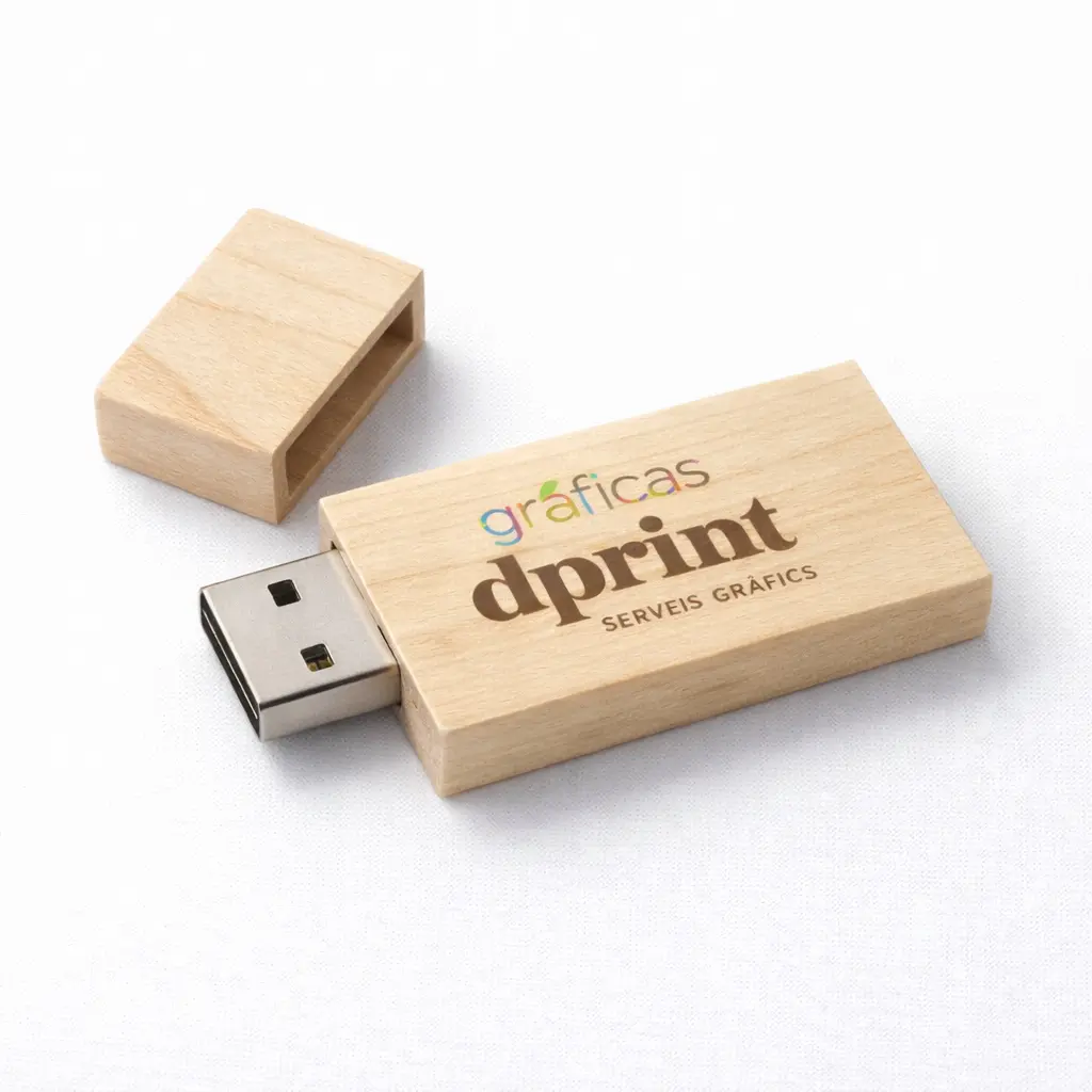 Pendrive de madera con personalización para campañas sostenibles.