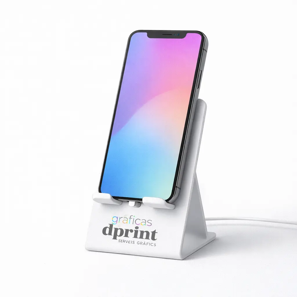Soporte móvil corporativo para escritorio, práctico y elegante.