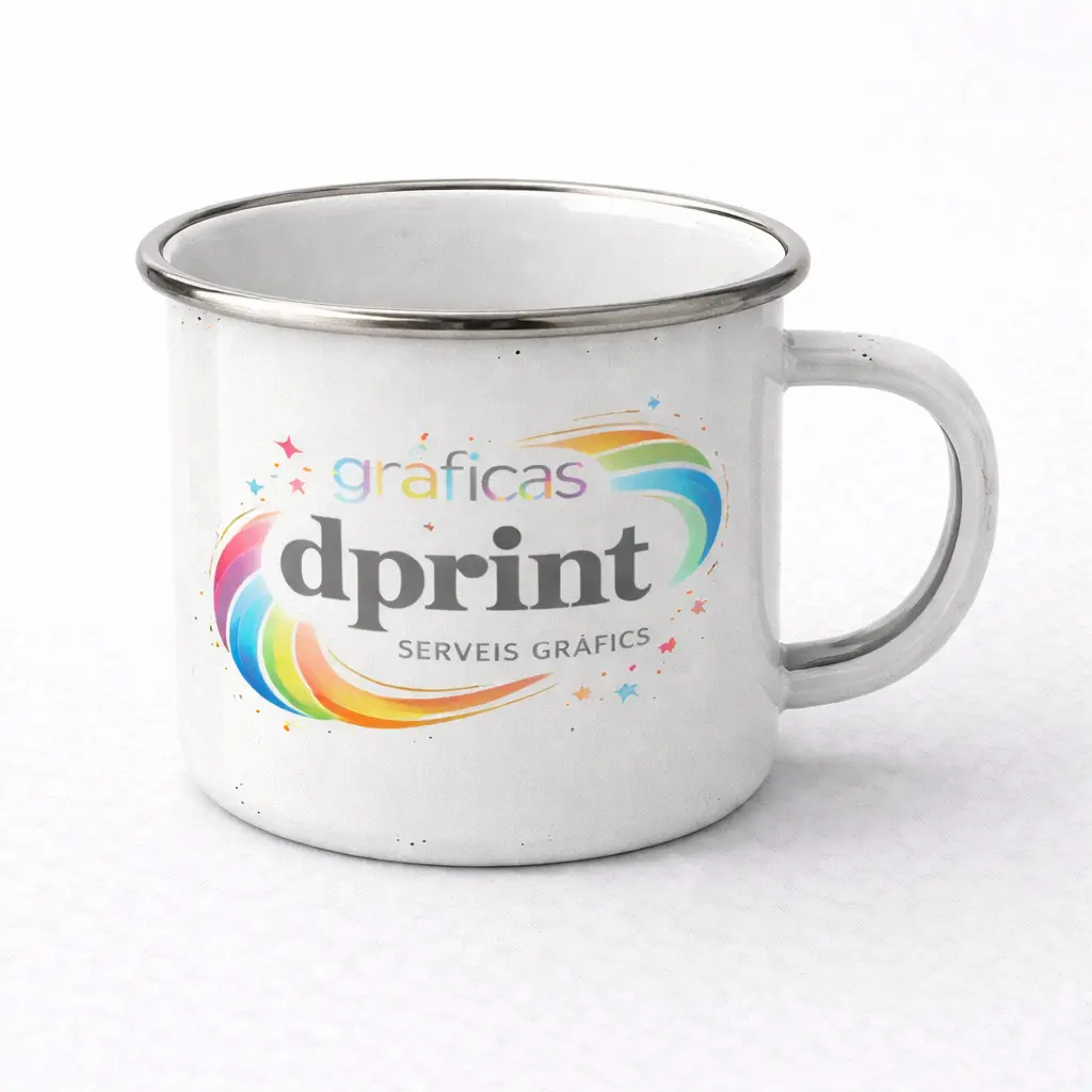 Taza esmaltada estilo vintage con logotipo.