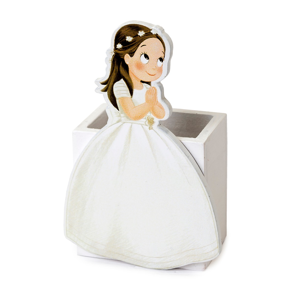 Portalápices madera niña comunión vestido largo 7x11x4,4cm