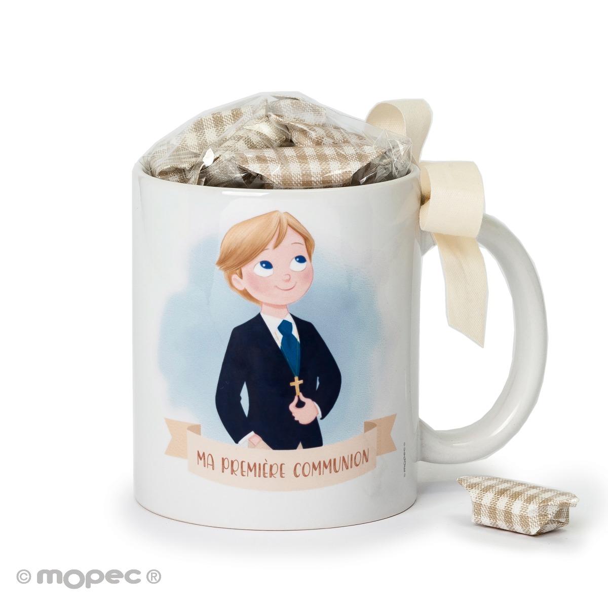 Taza Communion niño pantalón corto 7caramelos en caja regalo