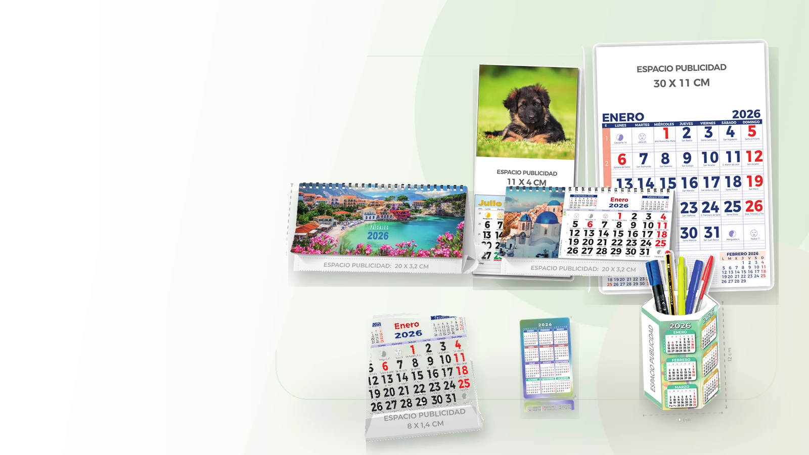 Calendarios personalizados 2027 para empresas: sobremesa, pared, imán, cubilete y bolsillo