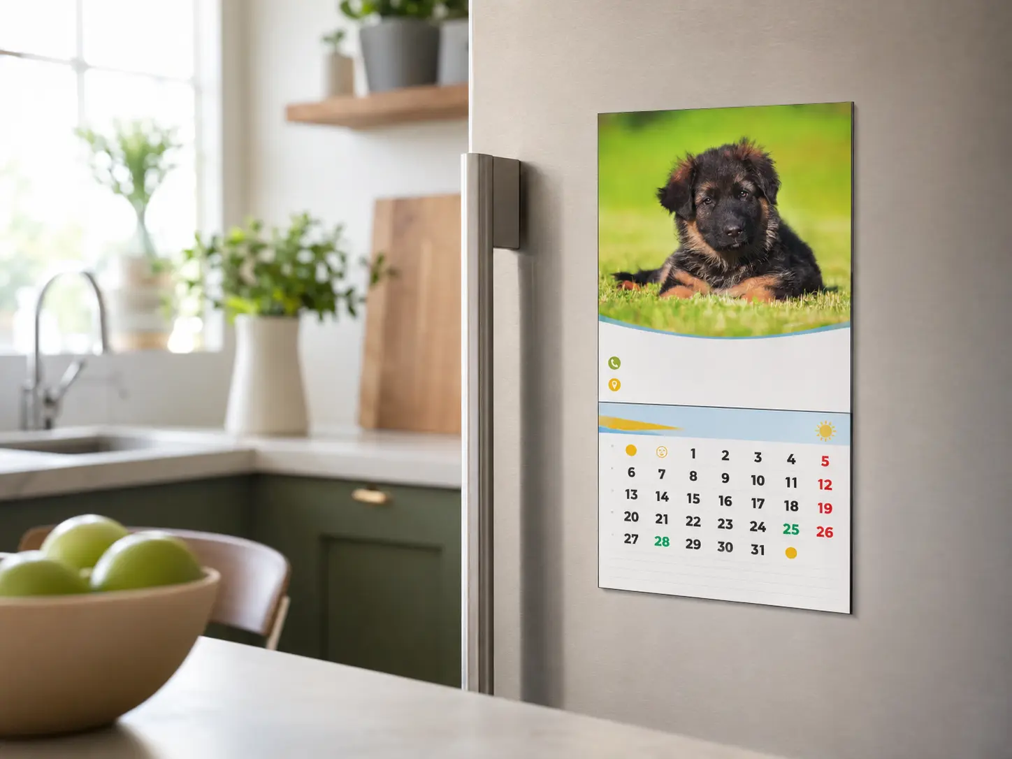 Calendario magnético personalizado colocado en una nevera