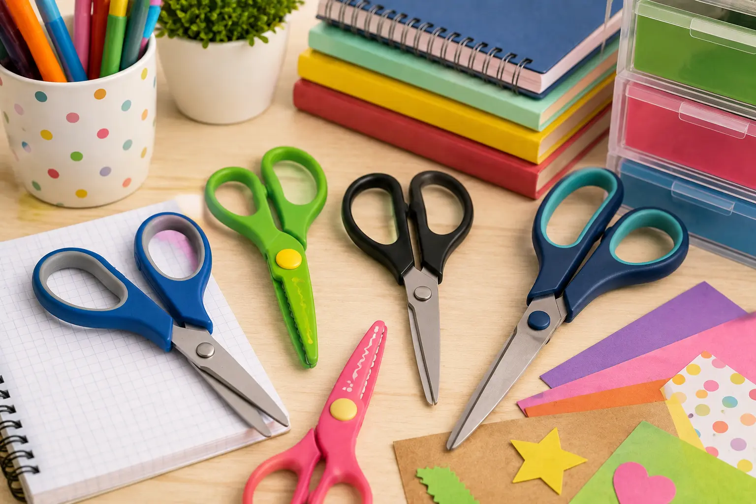 Tijeras para escuela, manualidades y uso diario sobre mesa de trabajo