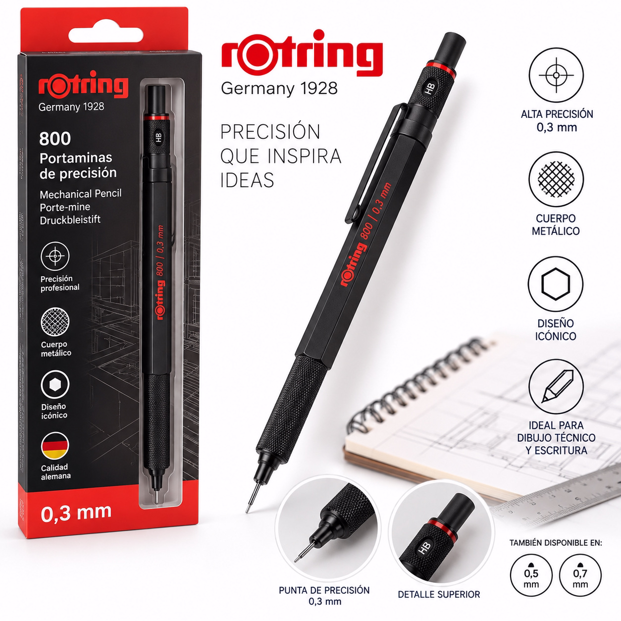 Portaminas de escritura de precisión 0,3mm