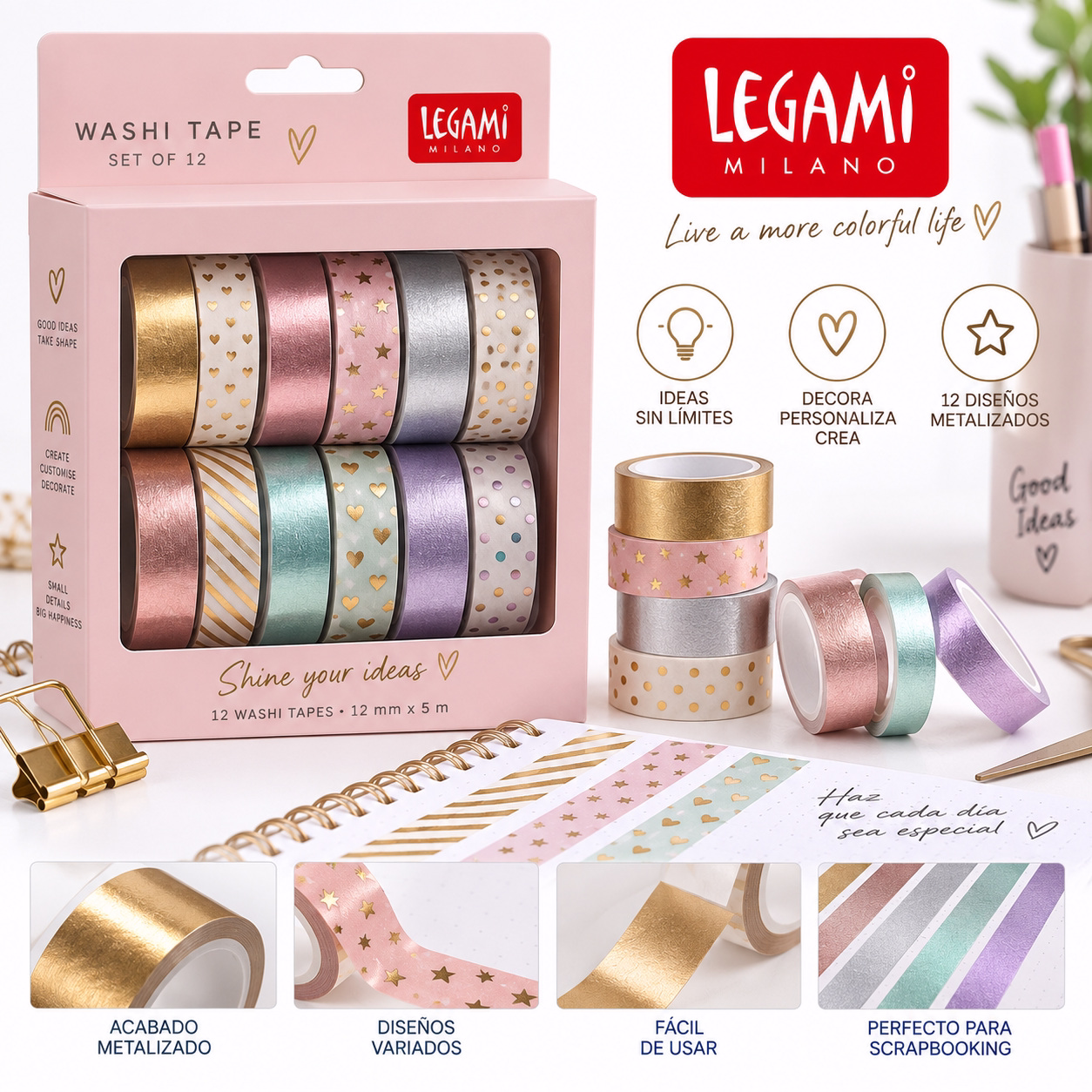Kit de washi tape metalizado 12 rollos