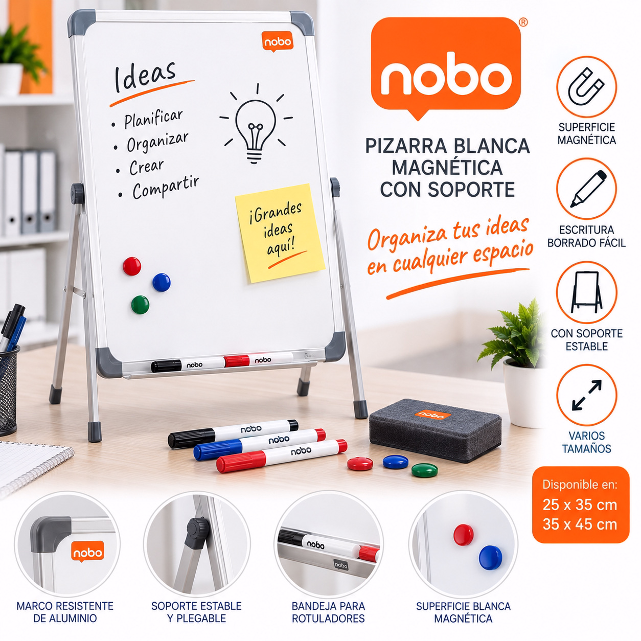 Pizarra blanca magnética con soporte