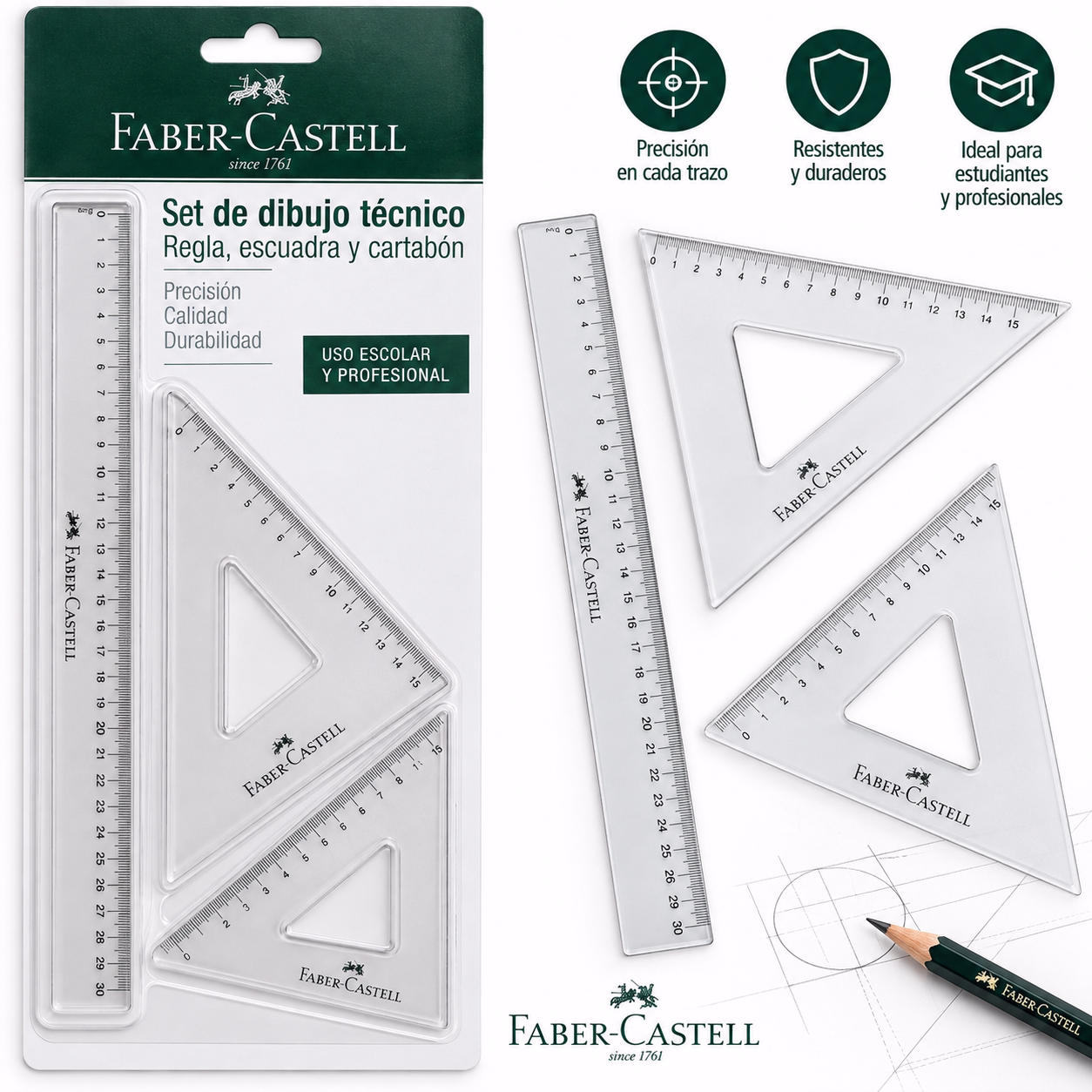 Set regla, escuadra y cartabón