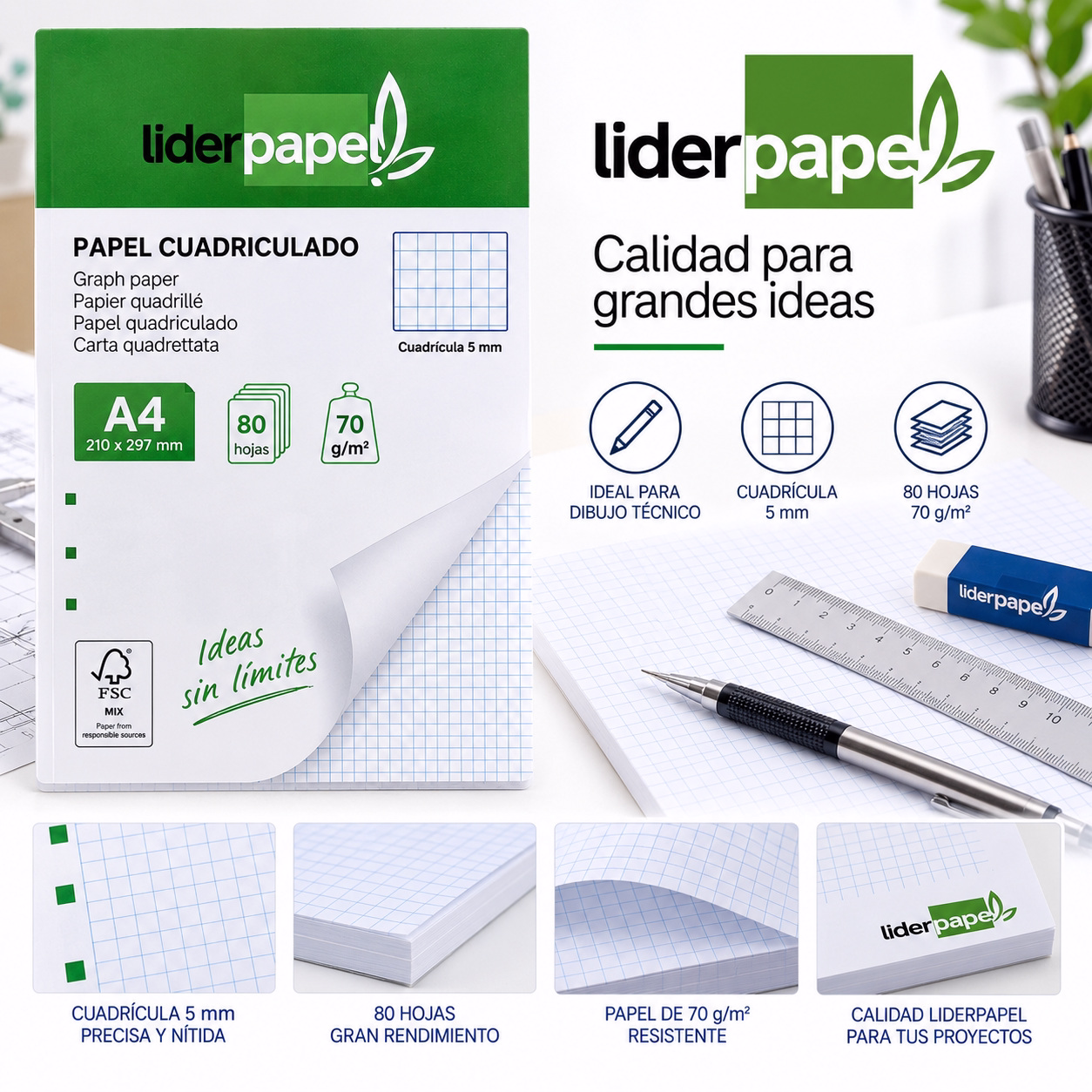 Papel cuadriculado A4 (bloc 80 hojas)