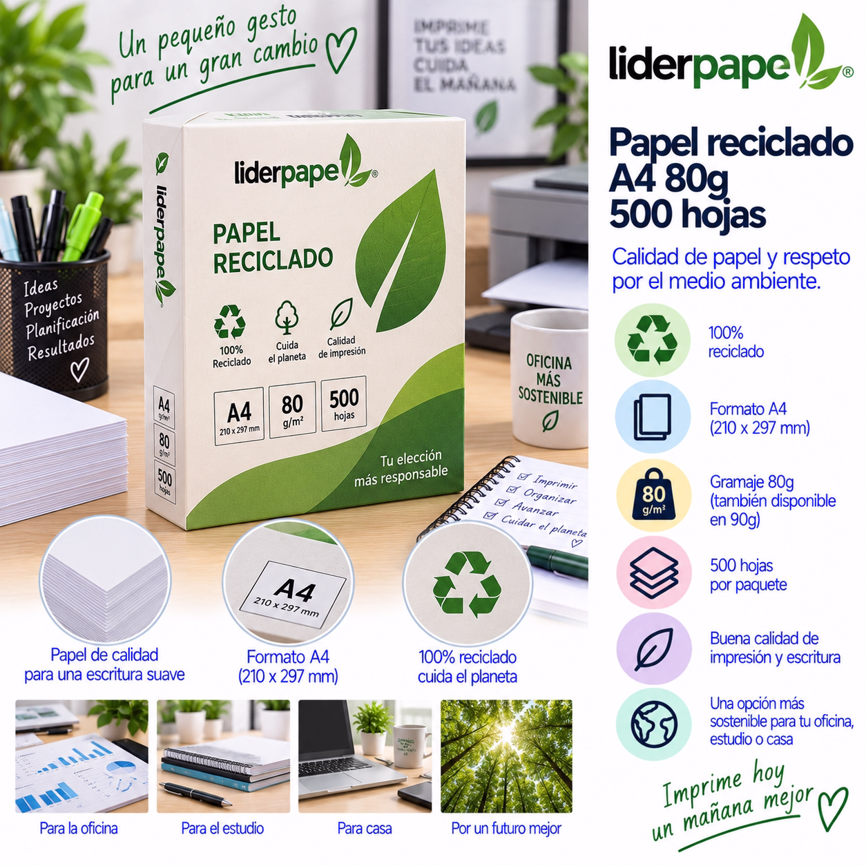 Papel reciclado A4 80g 500 hojas