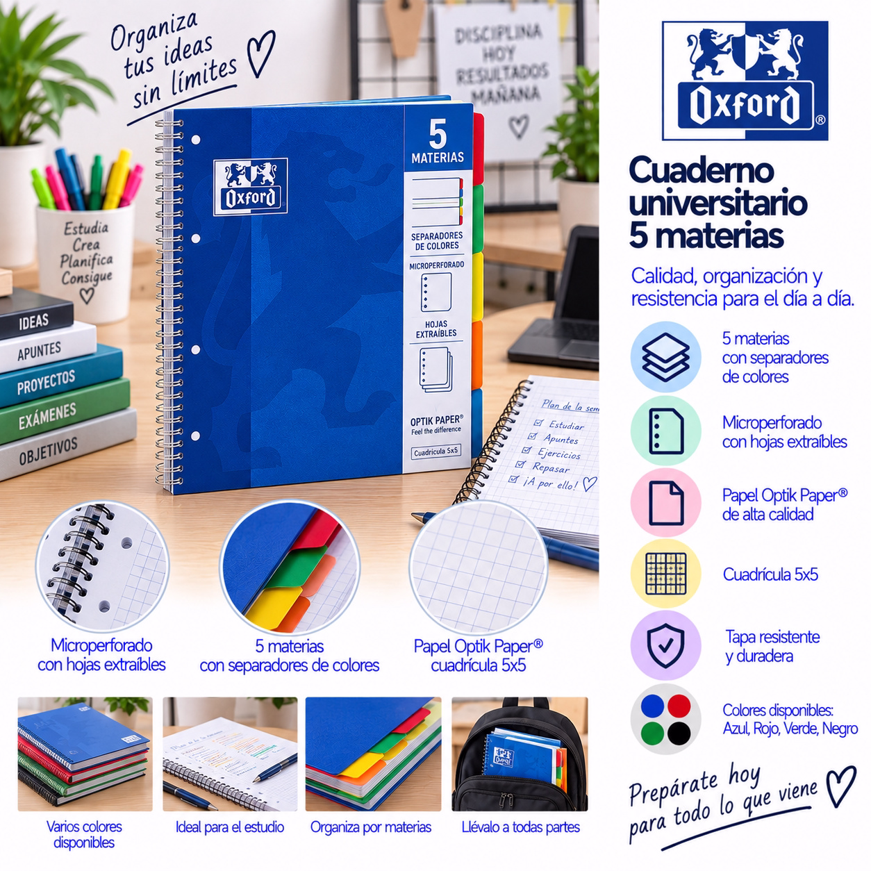 Cuaderno universitario microperforado 5 materias